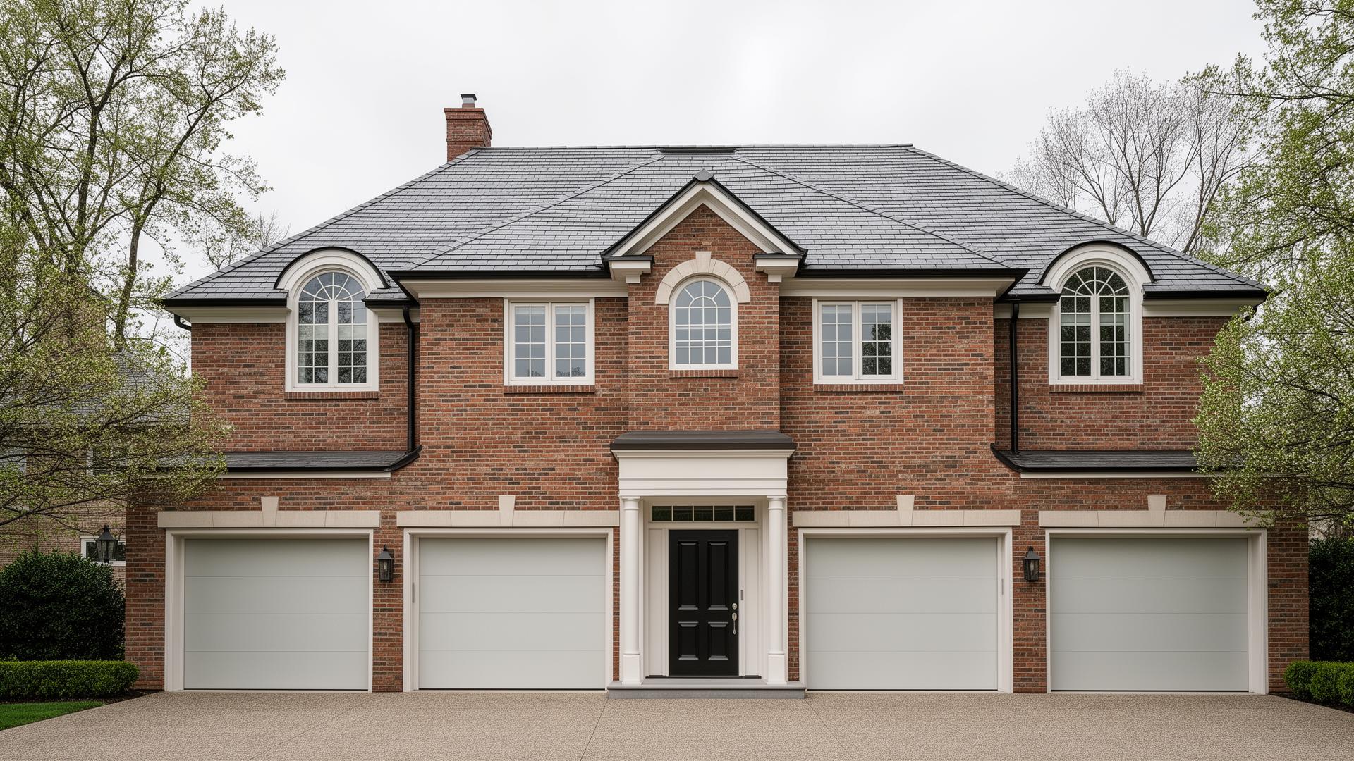 Elegant colonial home with modern flush panel garage doors - professional garage door installation in Gaston NC